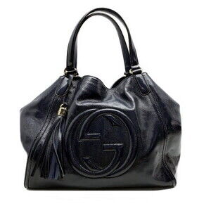 Gucci Soho Tote Bag Interlocking GG Vernis Patent Leather Navy Blue
